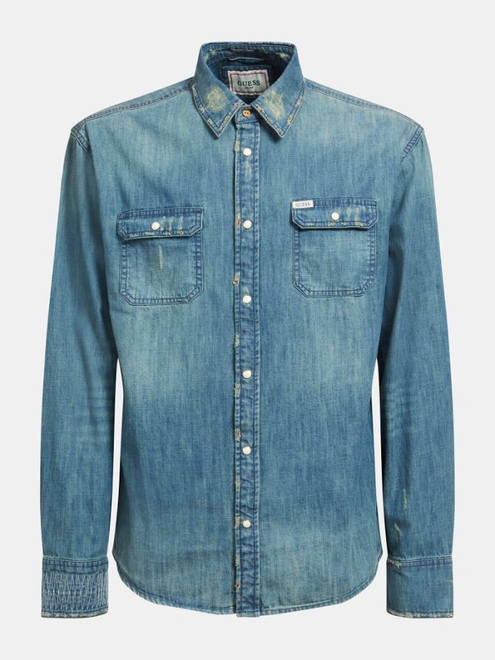 Férfi Guess Regular Fit Denim Shirts Kék | HU-124794