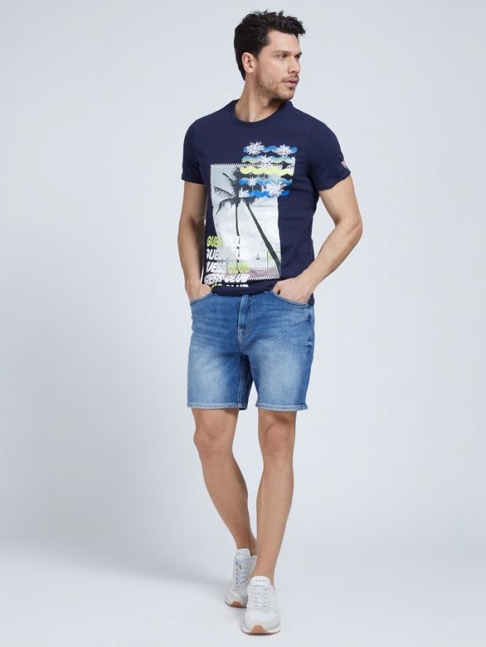 Férfi Guess Regular Fit Denim Shorts Kék | HU-186611