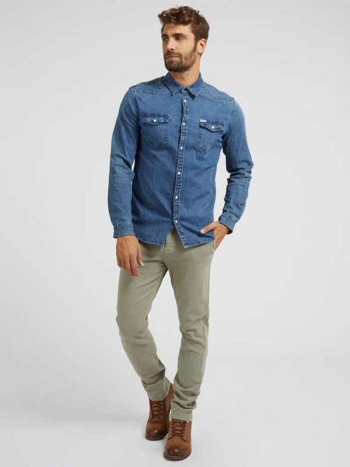 Férfi Guess Slim Fit Denim Shirts Kék | HU-495664