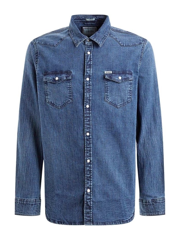 Férfi Guess Slim Fit Denim Shirts Kék | HU-495664