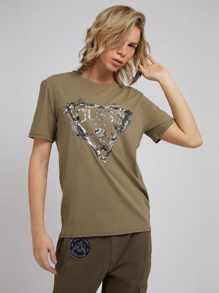 Férfi Guess Triangle Logo Print Póló Zöld | HU-079636