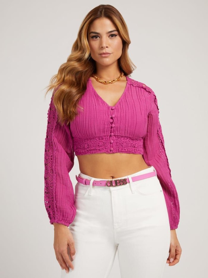 Női Guess Embroidered Crop Blúz Fukszia | HU-693767