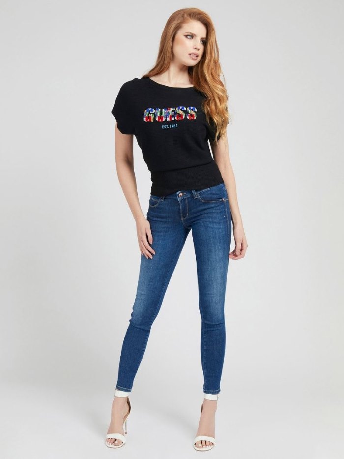 Női Guess Embroidery Front Logo Pulóverek Fekete | HU-826476