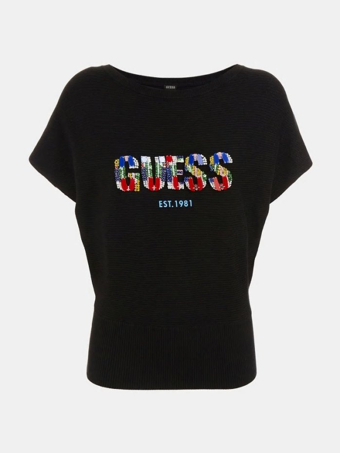 Női Guess Embroidery Front Logo Pulóverek Fekete | HU-826476