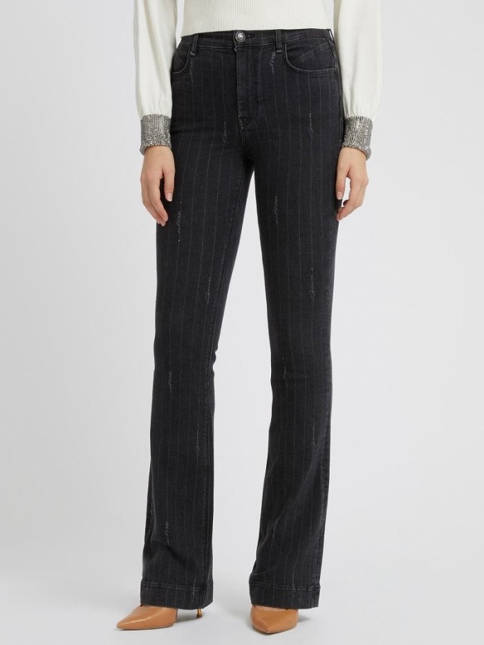 Női Guess Flare Denim Pant Pin-striped Ruházat Fekete | HU-253613