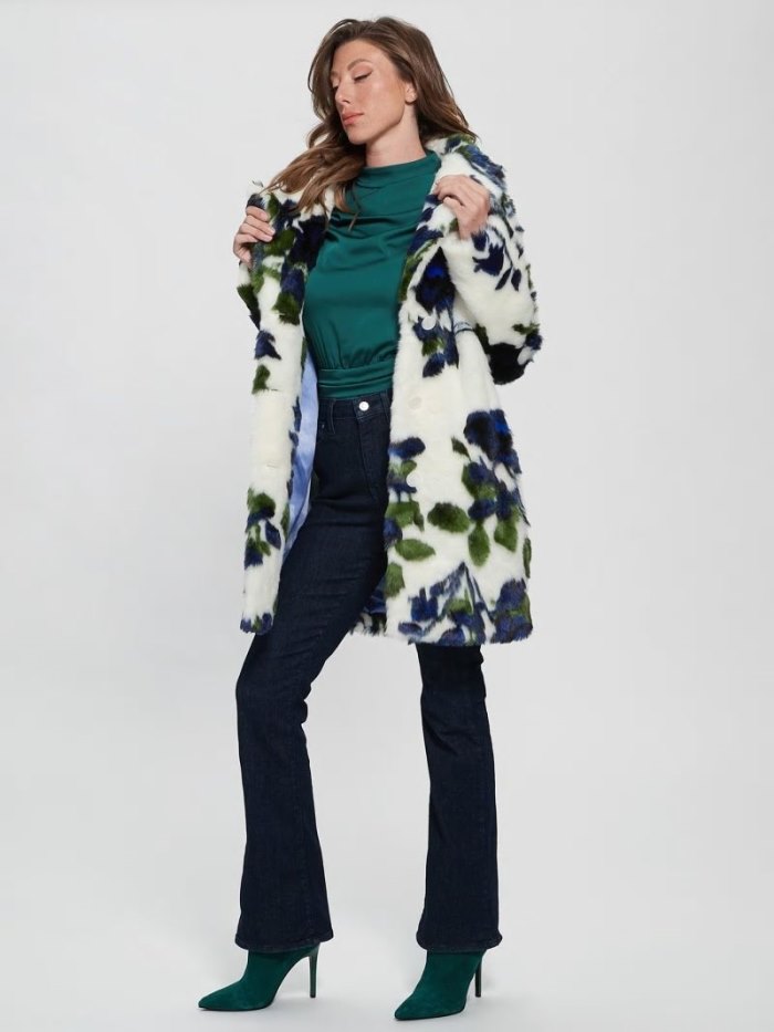 Női Guess Floral Fantasy Faux Fur Kabátok Kék | HU-305805