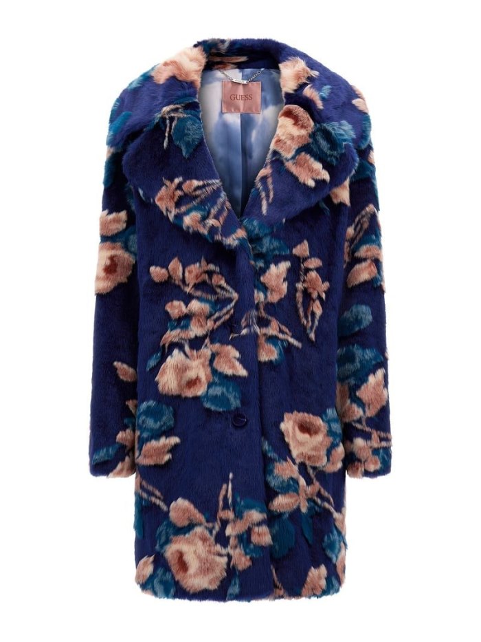 Női Guess Floral Fantasy Faux Fur Kabátok Kék | HU-964839