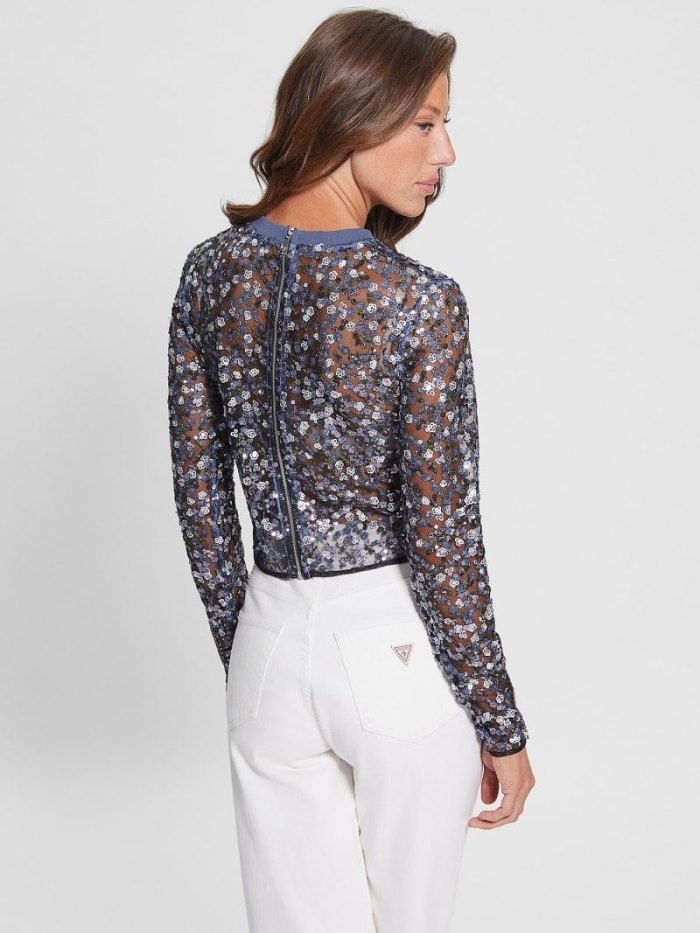 Női Guess Flower Sequins Felsők Kék | HU-020900