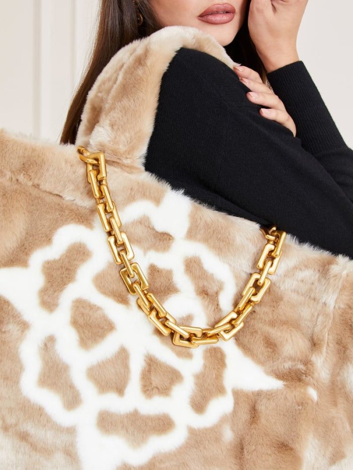 Női Guess Helma Faux Fur Bevásárló Táska Bézs | HU-406191