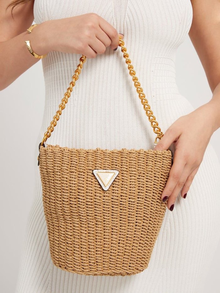 Női Guess Lilica Raffia Mini Bucket Bag Vödörtáska Bézs | HU-852661