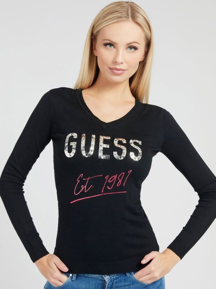 Női Guess Logo V Neck Pulóverek Fekete | HU-468267