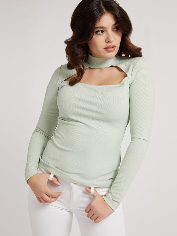 Női Guess Long Sleeves Rib Felsők Zöld | HU-235737