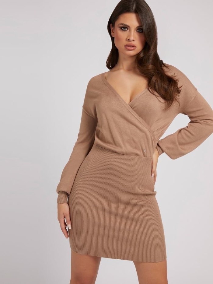 Női Guess Long Sleeves Rib Ruha Barna | HU-882713