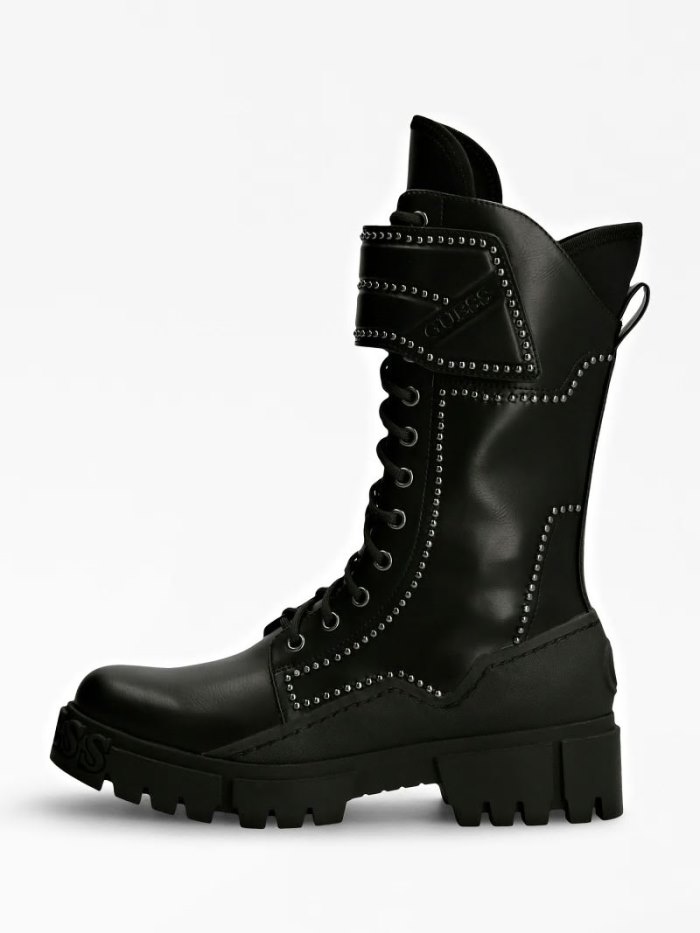 Női Guess Nancia Stud Combat Csizma Fekete | HU-494697