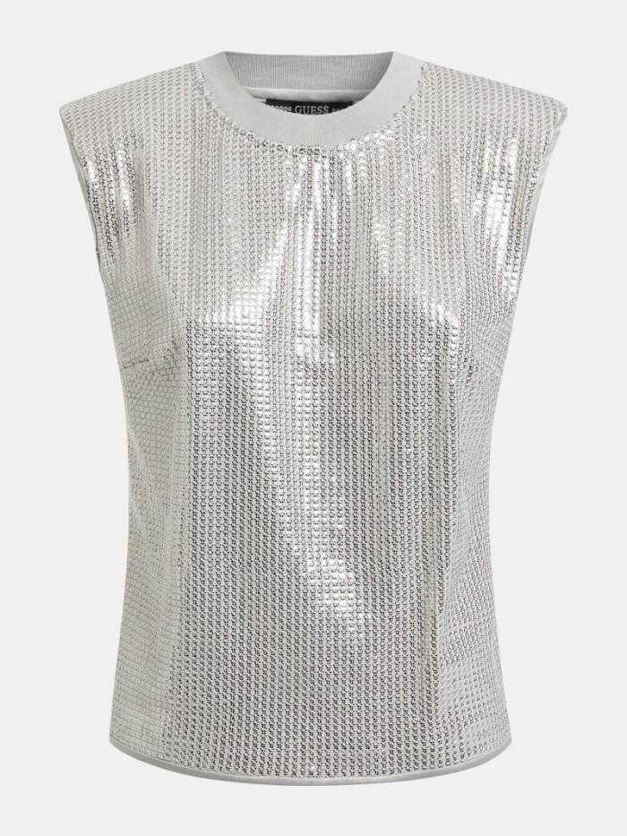 Női Guess Rib Collar Sequins Tank Top Ujjatlan Póló Titán | HU-205295