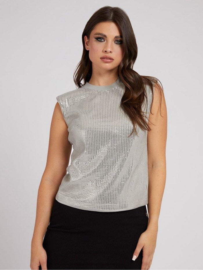 Női Guess Rib Collar Sequins Tank Top Ujjatlan Póló Titán | HU-205295