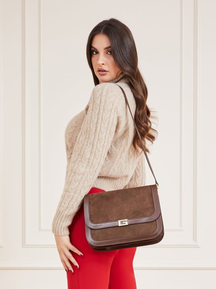 Női Guess Thea Luxe Real Bőr Crossbody Táska Barna | 7G7HZGMK